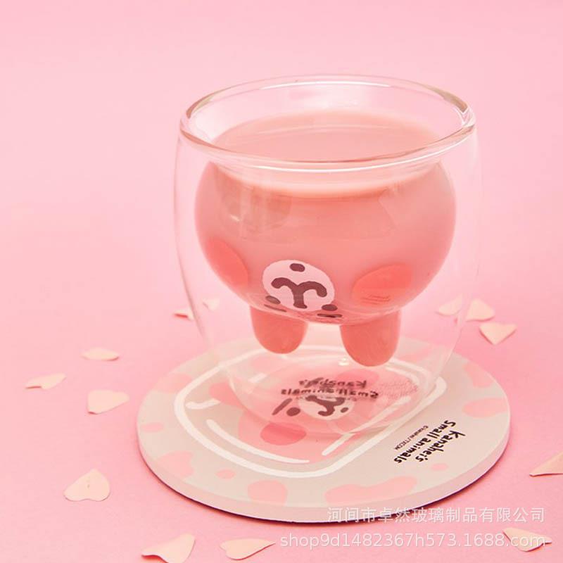 新款直销家用创意高硼硅玻璃粉紅兔兔透明 双层玻璃杯限定台湾猫