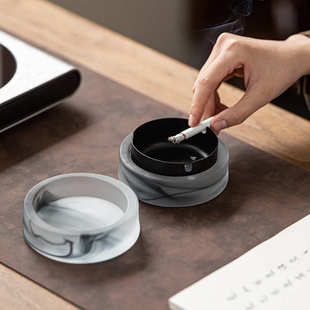 琉璃摆件防风防飞灰定logo 水墨玻璃烟灰缸家用酒店茶几带盖个性