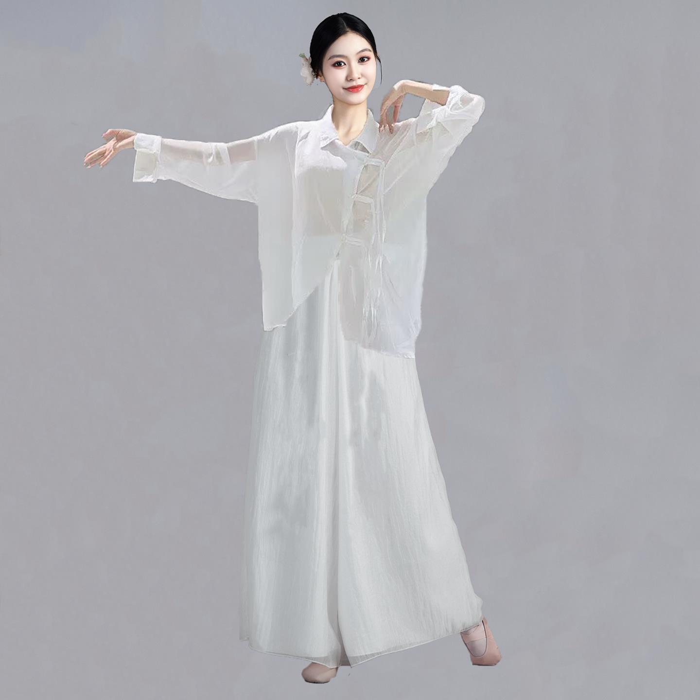 现代舞衬衫飘逸舞蹈服古典舞中国舞演出服白色身韵成人练功服套装图片