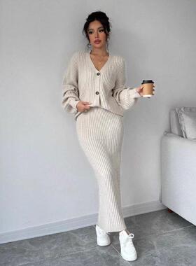 Womens Set Casual Solid Button-Front Sweater & Long Skirt