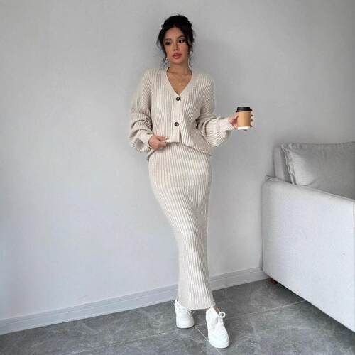 Women Button Front Sweater Skirt Two Set Casual Drop