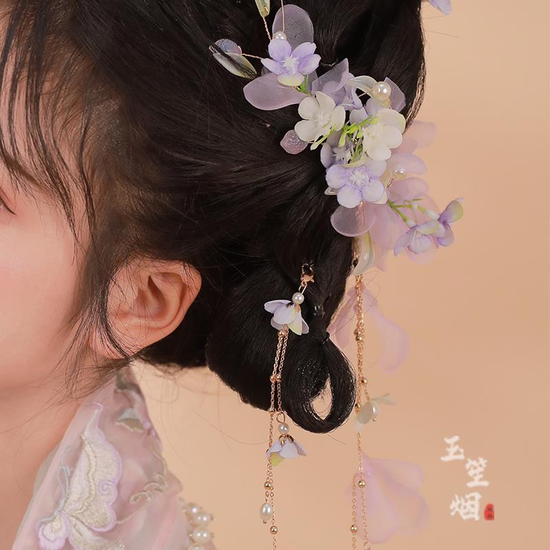 古风汉服头饰头花发簪步摇流苏紫色夏季发箍女仙美丸子头发饰儿童
