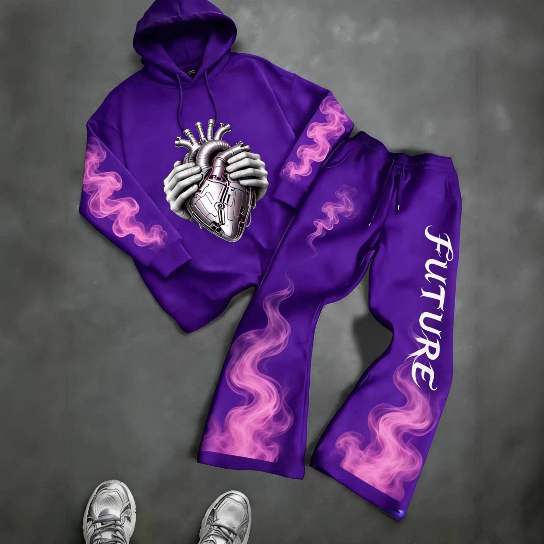 Loose-Fit Hoodie & Sweatpants Set Cross Print Design Long