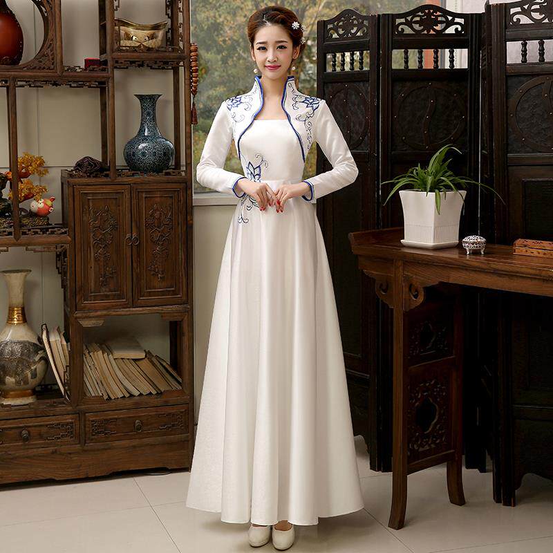 高档长出袖服大青花瓷长版礼物仪服迎宾摆礼物仪小姐装酒店演服旗