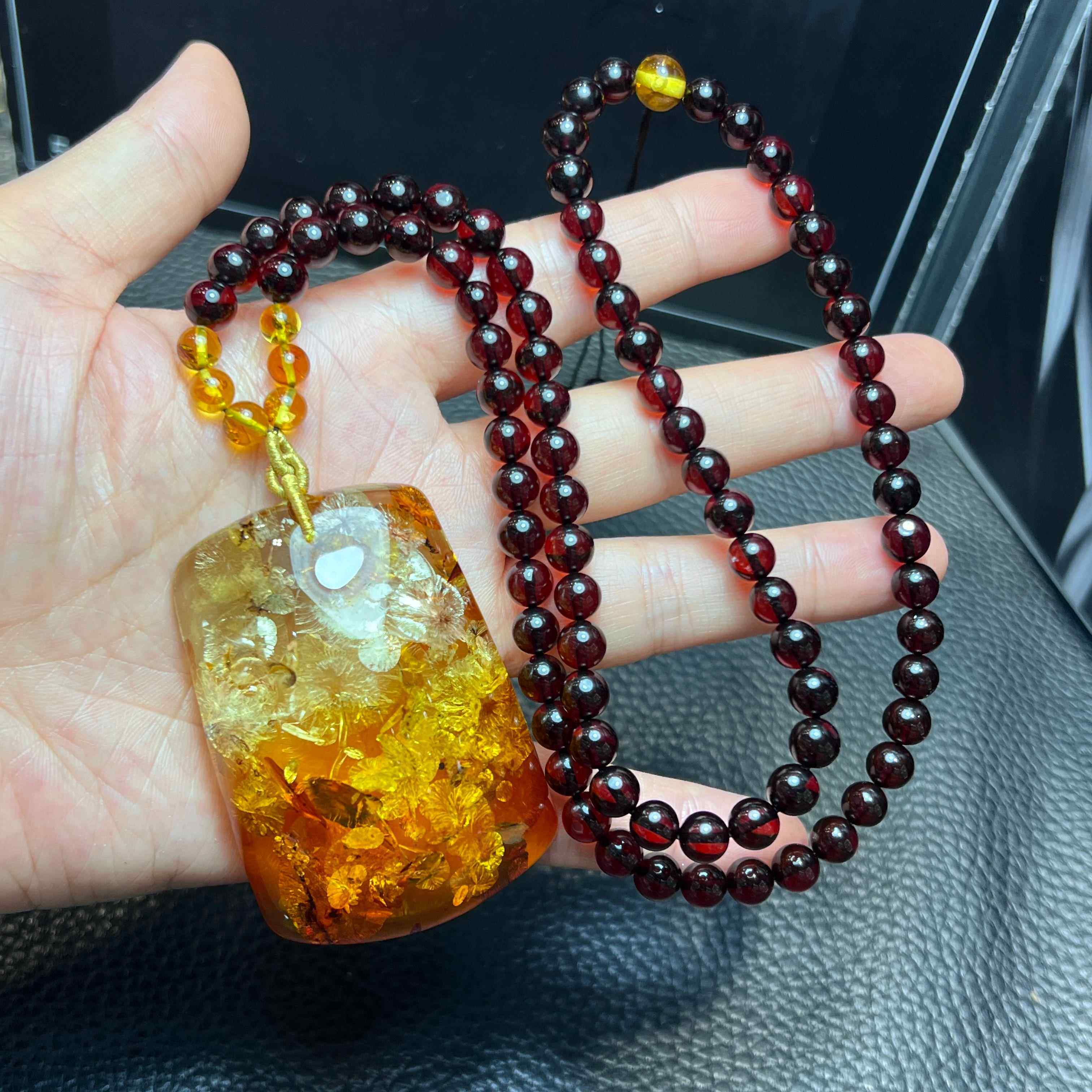 欧洲进口 天然花珀金棕色景观琥珀吊坠血珀圆珠毛衣项链 波兰设计