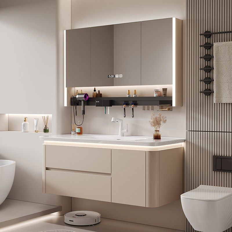 奶油风陶瓷一体盆浴室柜卫生间洗脸盆柜组合卫浴柜圆角洗手洗漱台,家装主材,浴室柜组合,淘宝优惠券,粉丝福利购,淘宝优惠卷