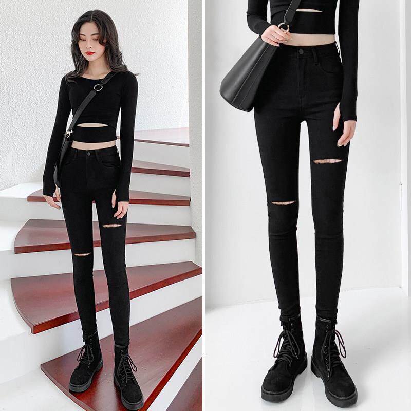 SPYB九分破洞牛仔裤女2025春秋新款修身弹力紧身显瘦黑色小脚裤子