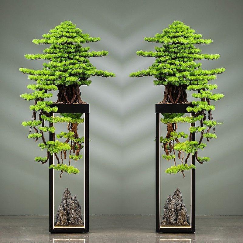 新中国风模拟迎宾松木绿色植物盆景入口摆件大型落地式乔迁客厅茶