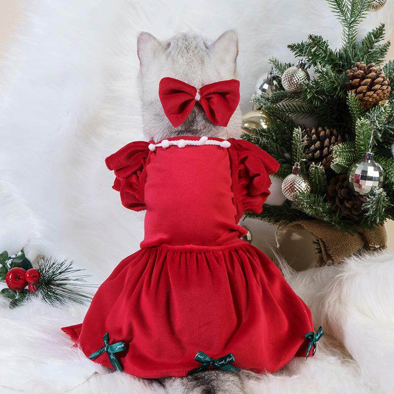 跨境宠物圣诞裙 银狐绒秋冬款狗衣服 猫咪服装 领结饰品现货