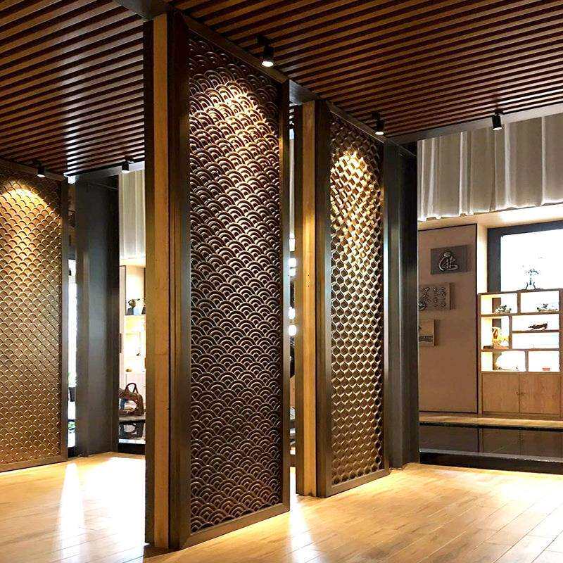 酒店大堂壁画铝板浮雕金属屏风 仿古铜金属雕花镂空隔断花格装饰