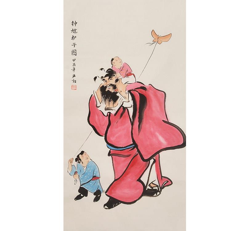 纯手绘钟馗朱砂画像钟馗护子图客厅挂画办公室茶室装饰画中堂挂画