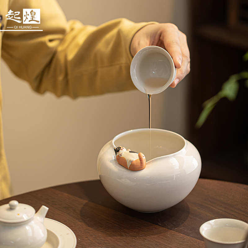 萌猫草木灰建水 柿子茶洗陶瓷茶渣缸倒茶废水缸 茶具配件茶盂水盂