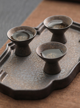 鎏金铁锈釉高脚妙语杯复古粗陶白酒杯小烈酒杯一口杯酒盅高脚茶杯