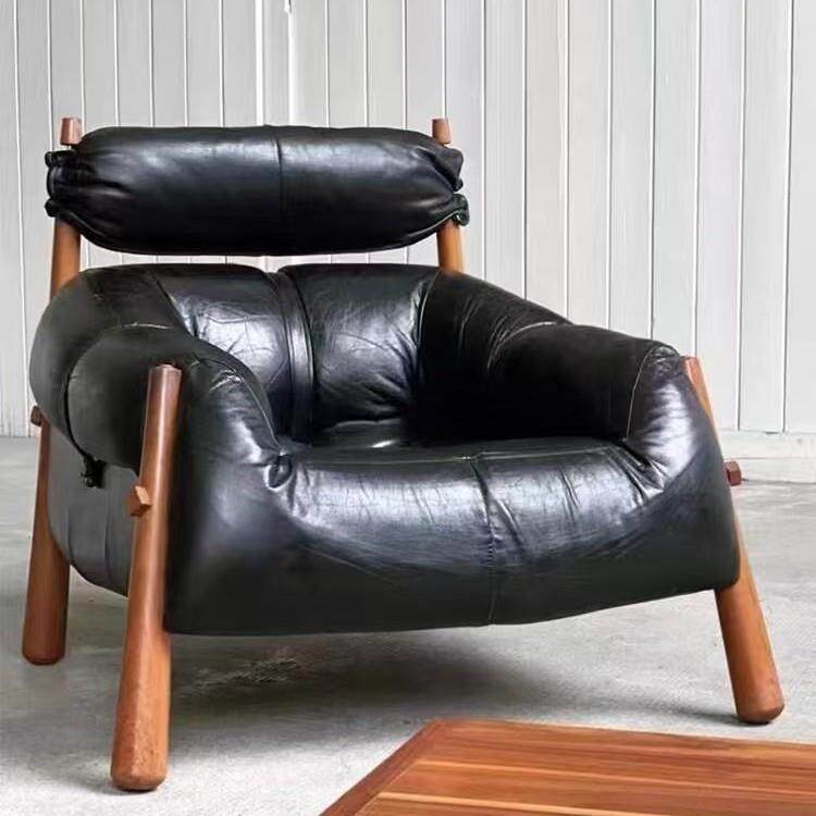中古风意式创意轻奢单人设计师阳台懒人沙发椅客厅实木油蜡皮休闲