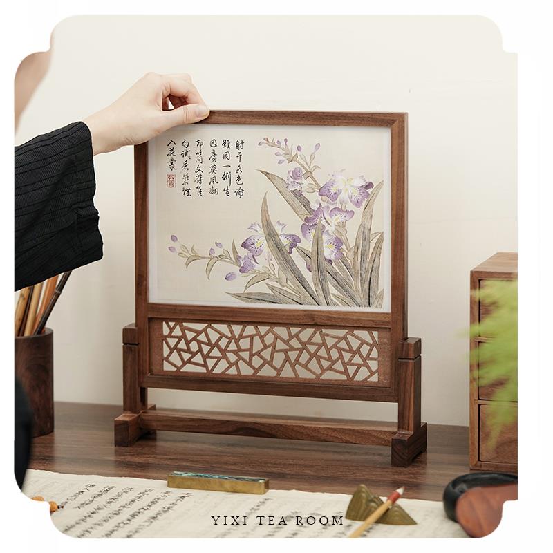 黑胡桃木桌面小屏风茶台屏家居装饰雕刻新中式插屏玄关茶桌摆件