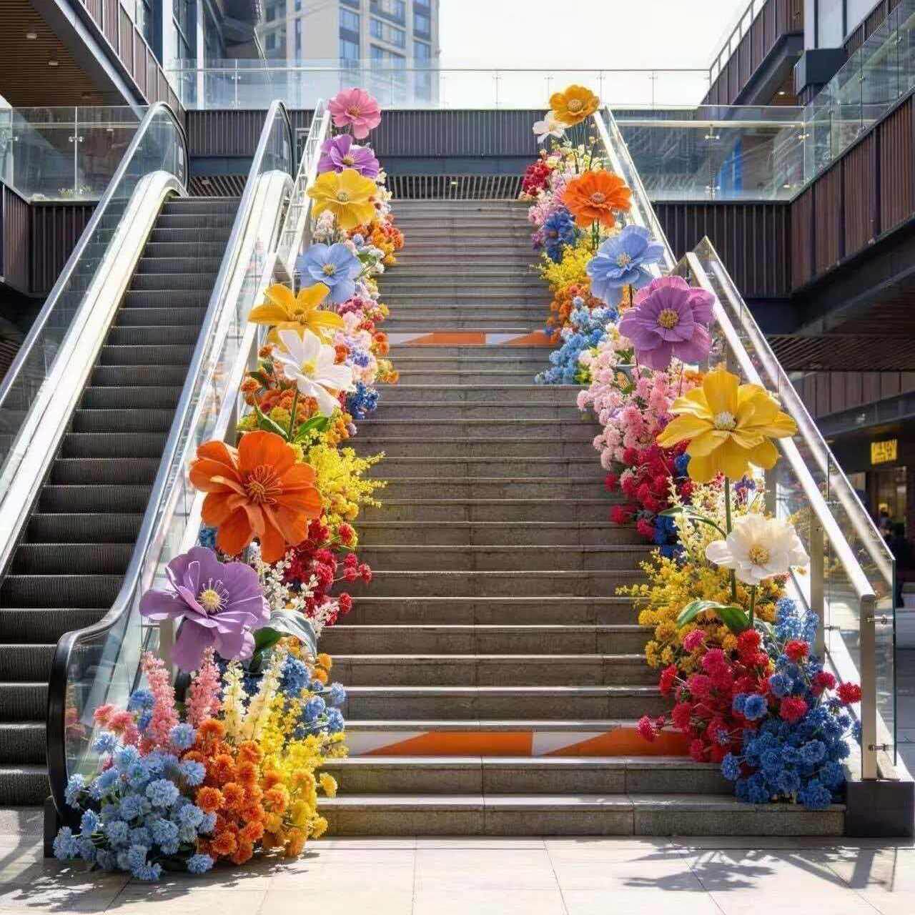 商场电梯步梯花艺造景网红玫瑰瀑布花仿真花网红打卡装饰背景墙