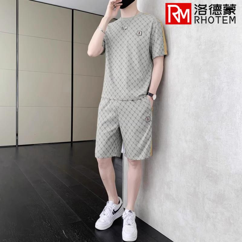 洛德蒙夏款轻奢时尚炸街休闲装运动套装薄款冰丝短袖短裤大码男装