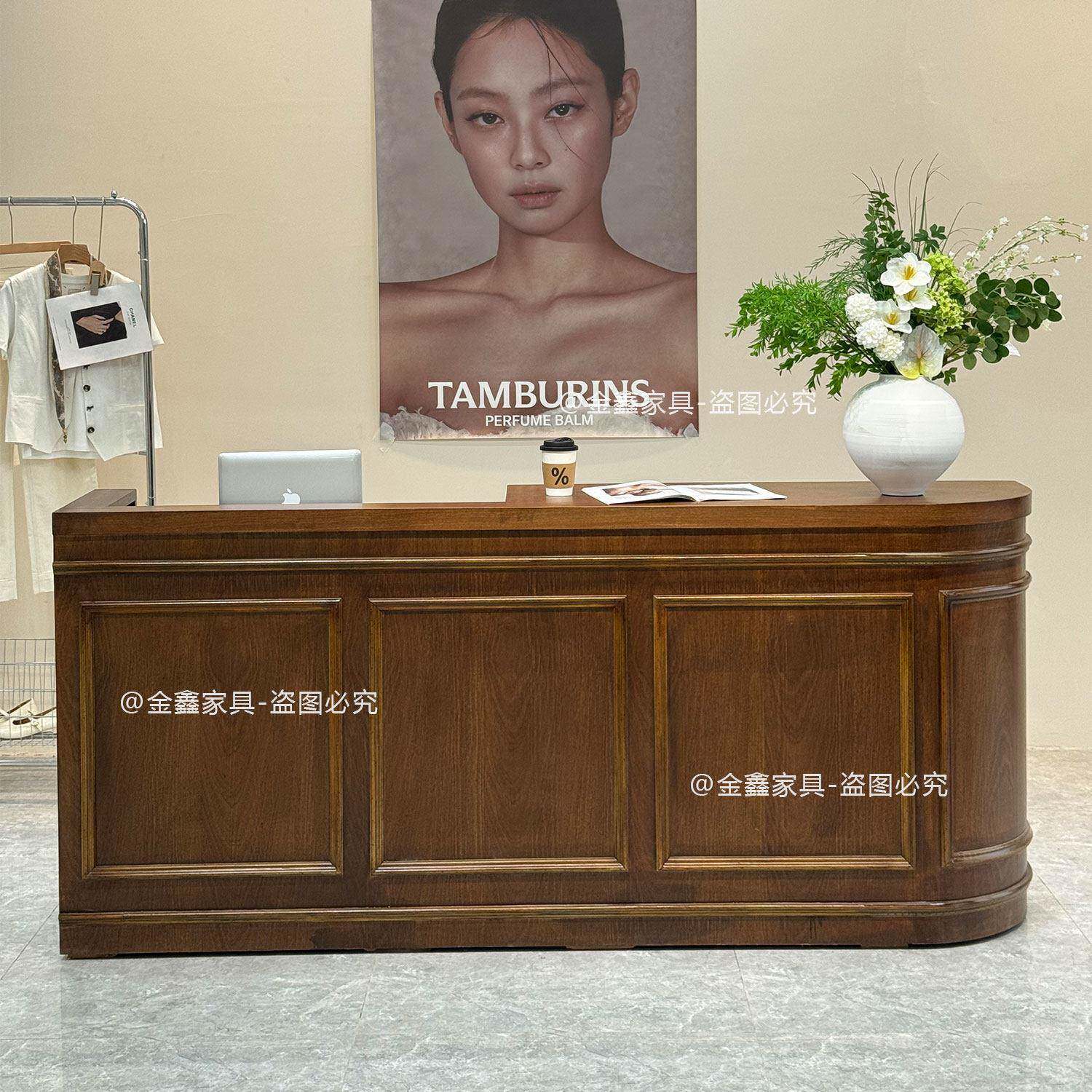 服装店复古实木转角收银台吧台弧形前台接待台商用l型咖啡店柜台