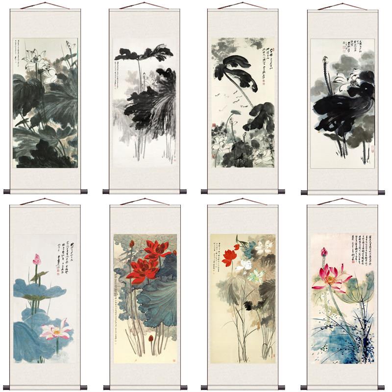 五色荷花张大千真迹复制丝绸画水墨画卷轴画花鸟国画荷花图可定制