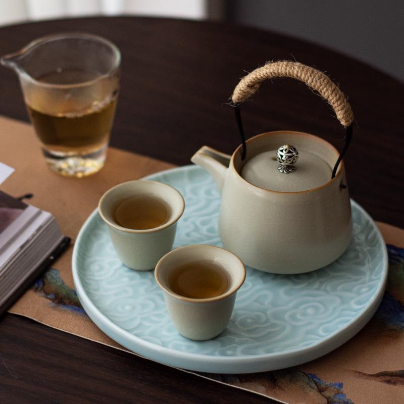 米黄一壶两杯陶瓷提梁壶旅行茶具家用茶壶开片可养泡茶壶礼品定制