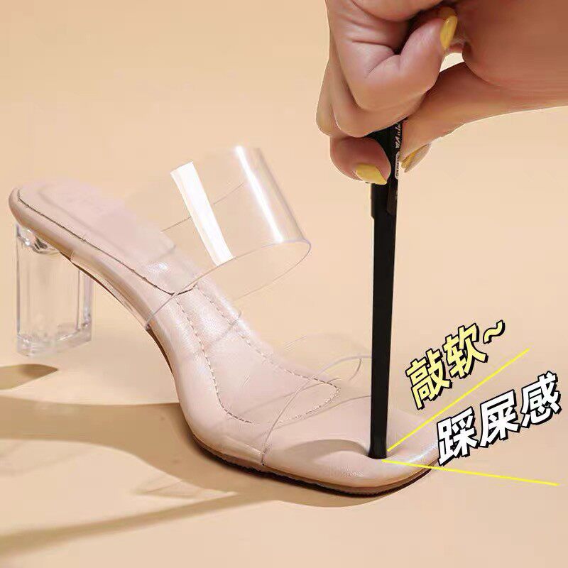 真皮踩屎感高跟透明凉鞋女2026夏季新款粗跟水晶跟外穿软底凉拖鞋