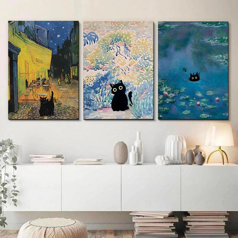 世外贸热销949黑有趣的猫界著名画家莫奈斯梵高古塔夫杰作装饰画