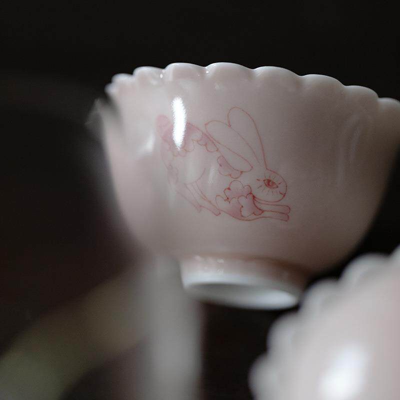 新款直销苍烟红矾红牡丹兔菊口茶杯单个品茗杯主人杯泡茶杯白瓷釉
