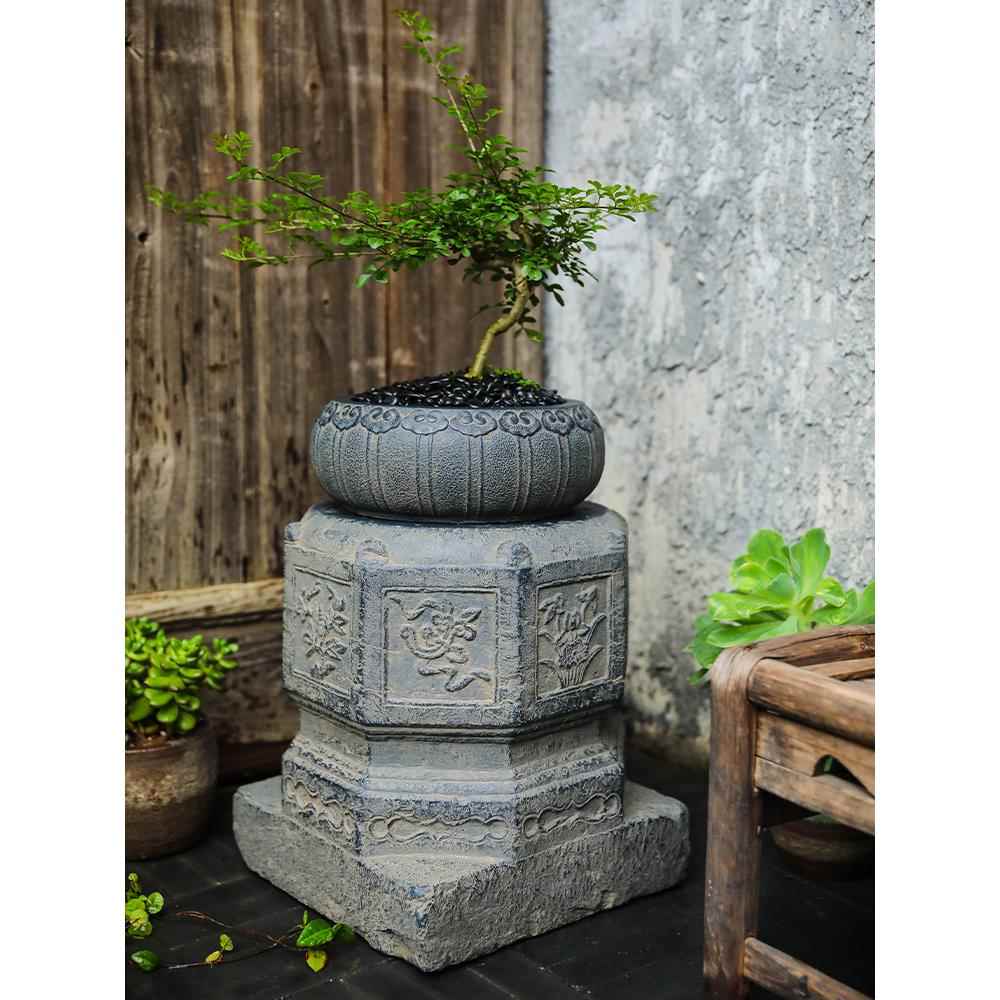 陋石坊彷石柱底吉祥如意座家花盆石墩园林造景柱础庭院花饰园装用