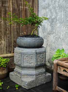 陋石坊彷石柱底吉祥如意座家花盆石墩园林造景柱础庭院花饰园装用