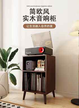 黑胶唱片柜地板站立低书柜实木音频存储柜沙发侧柜客厅角柜文件柜