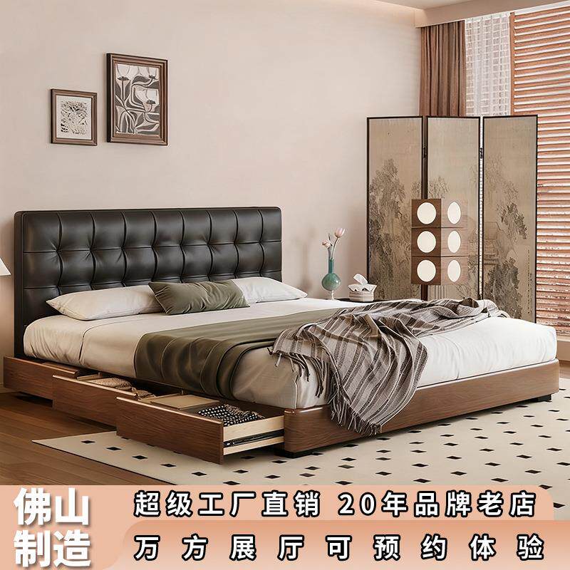 中古风华夫格真皮主卧床复古薄床头小户型双人储物高箱带抽屉婚床