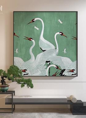 新中式装饰画茶室书房客厅背景墙入户玄关壁画绿色仙鹤图方形挂画
