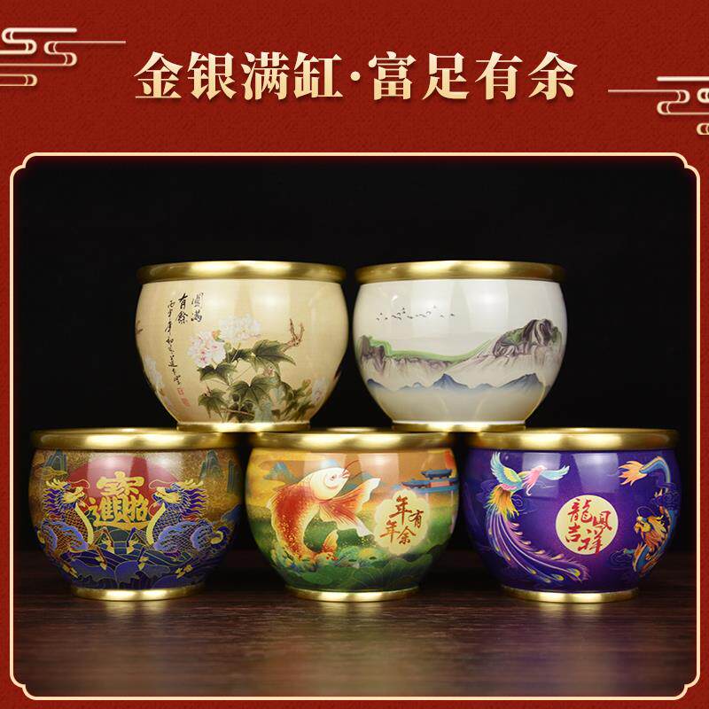 彩绘铜缸聚宝盆摆件纯黄铜大小号烟灰缸子办公室客厅高档次工艺礼