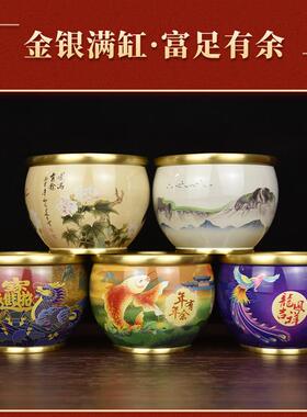 彩绘铜缸聚宝盆摆件纯黄铜大小号烟灰缸子办公室客厅高档次工艺礼