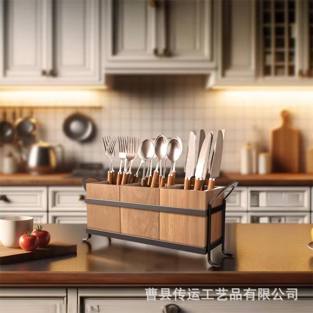 现货跨境复古木质三格餐具收纳盒化妆刷整理架厨房工作台整理盒