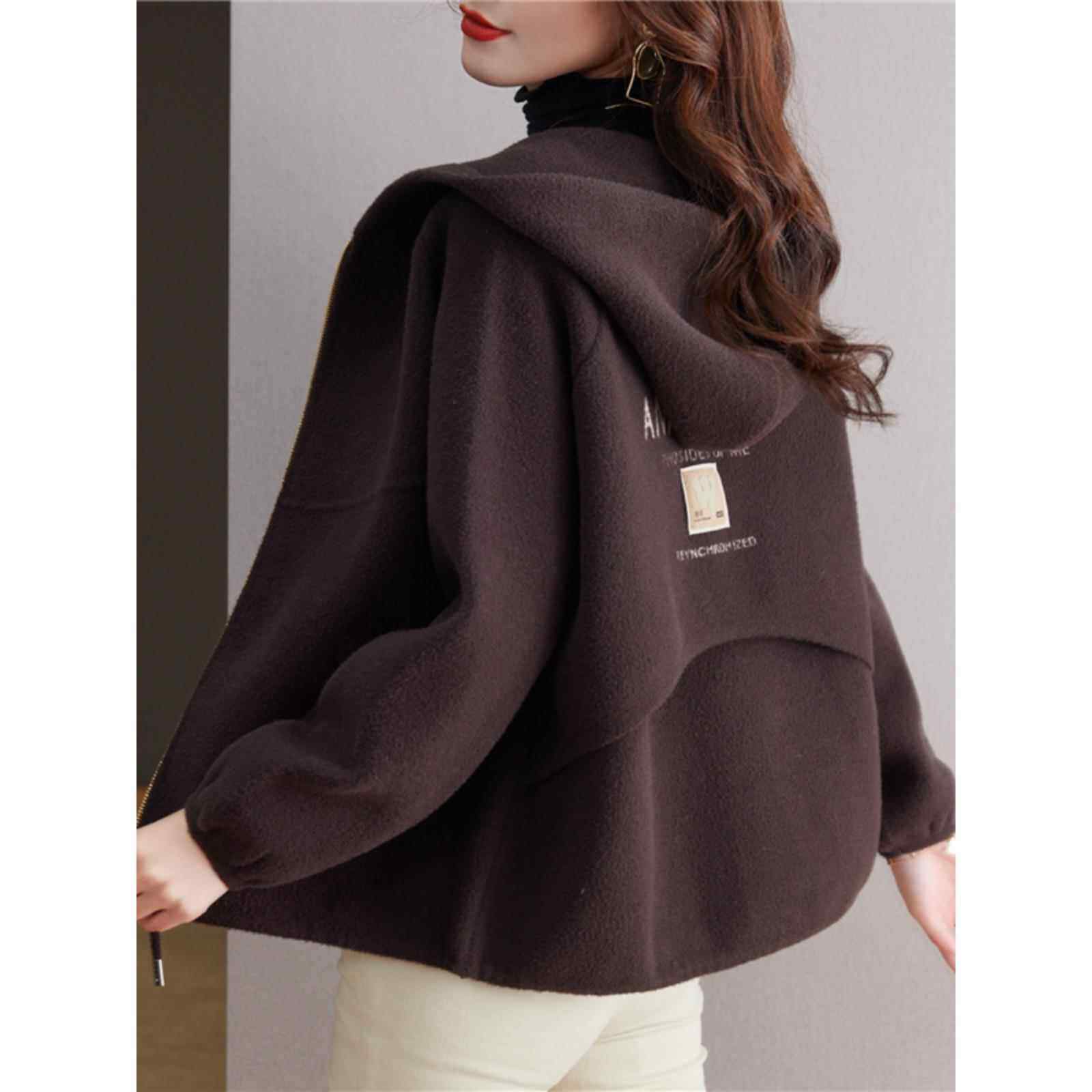 棕色连帽棒球夹克妇女2025春季和秋季加厚拉炼开衫短大尺寸夹克羊