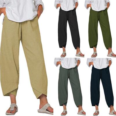Women Casual Carrot Pants Mid Waist Elastic Fitting Capri