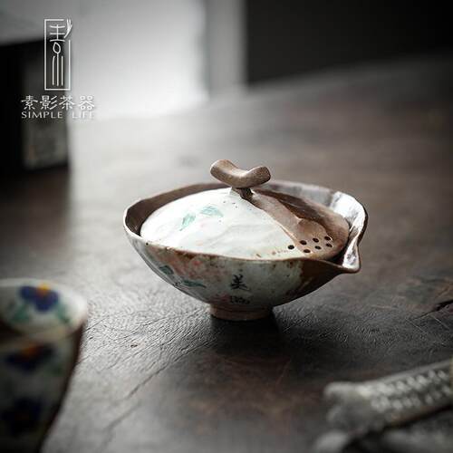 日素影手绘老岩泥盖碗式烧粗陶手240103美抓泡茶壶创茶意柴功夫茶