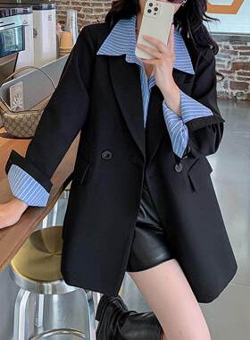 香港大码假两件休闲西装外套女春秋撞色拼接宽松高级感中长款西服