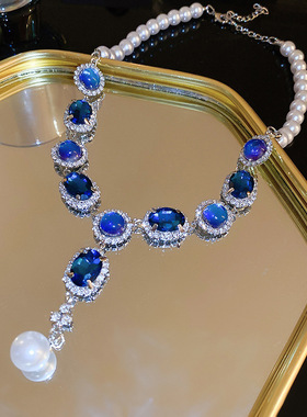 海蓝水晶珍珠项链气质时尚项链