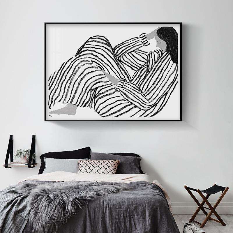 北欧简约小清新读书少女版画黑白工业风客厅卧室书房挂画装饰画