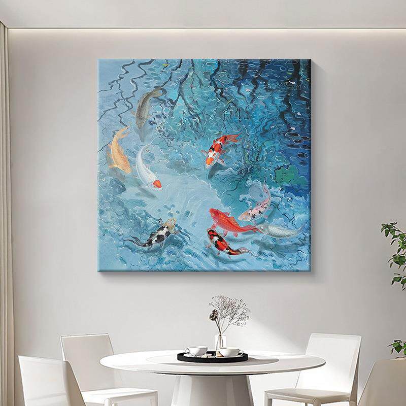 聚财九鱼图蓝色年年有余餐厅锦鲤客厅玄关装饰画新中式电表箱挂画