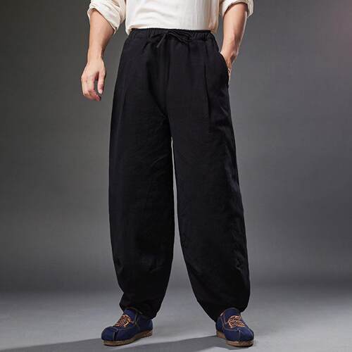 Linen cotton pants with elastic waistband and drawstring,