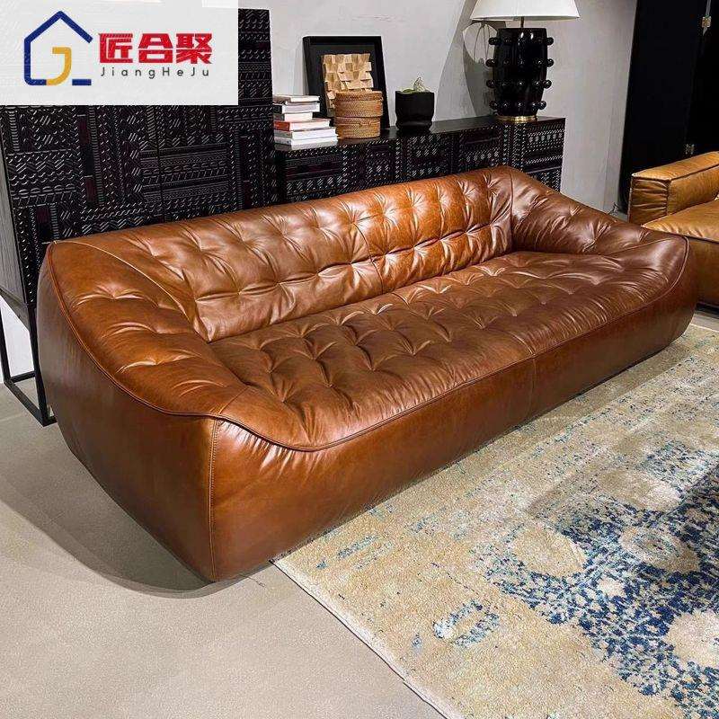 美式复古沙发家用中古油蜡皮沙发客厅家用三人直排小户型豆袋沙发