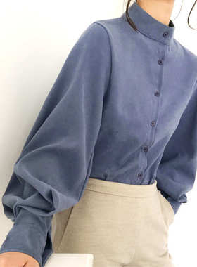 2024港味复古立领单排扣气质灯笼袖百搭宽松休闲衬衫女上衣