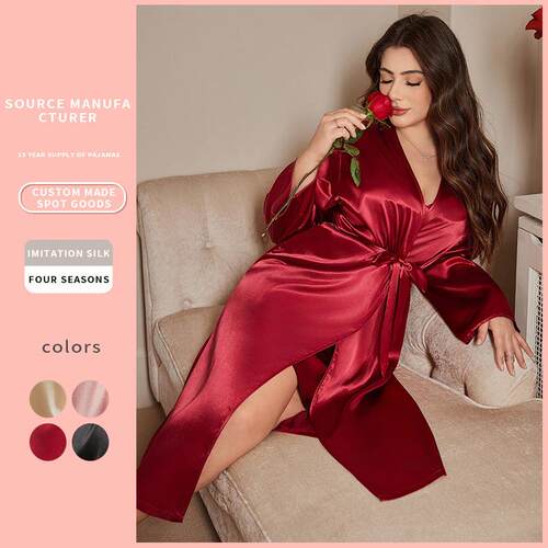 V-neck ice silk bathrobe, home wear, silk pajamas,