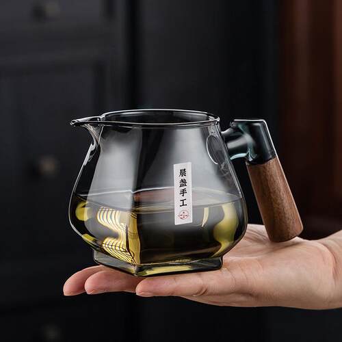 公道杯玻璃加厚木把防爆分茶器茶具茶滤一体茶漏套装大号月牙公杯