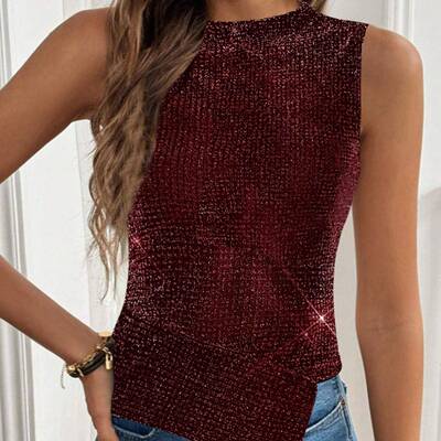 Women'S Sequined Sleeveless , High Neck Asymmetric Hem Knit
