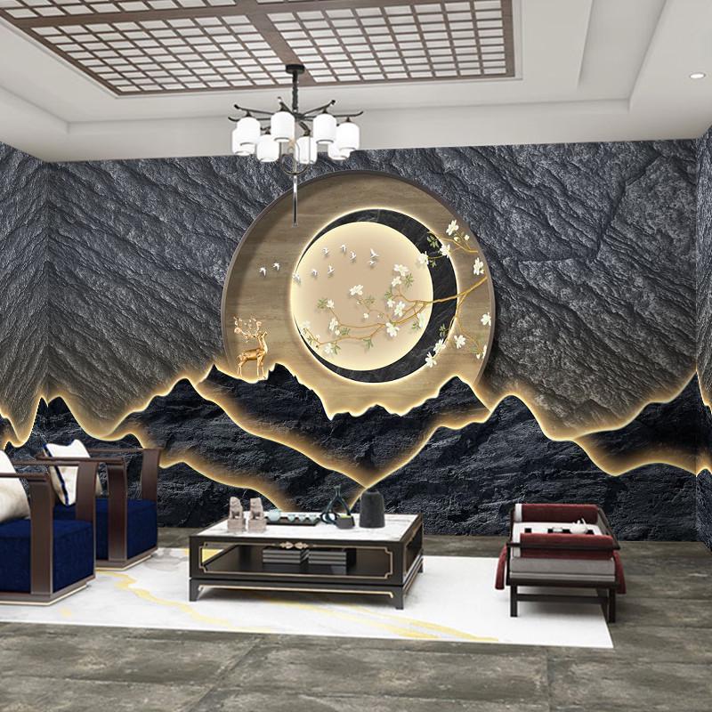 3d立体浮雕岩石墙纸中式多层假山岩板背景墙茶室餐厅饭店装修壁纸
