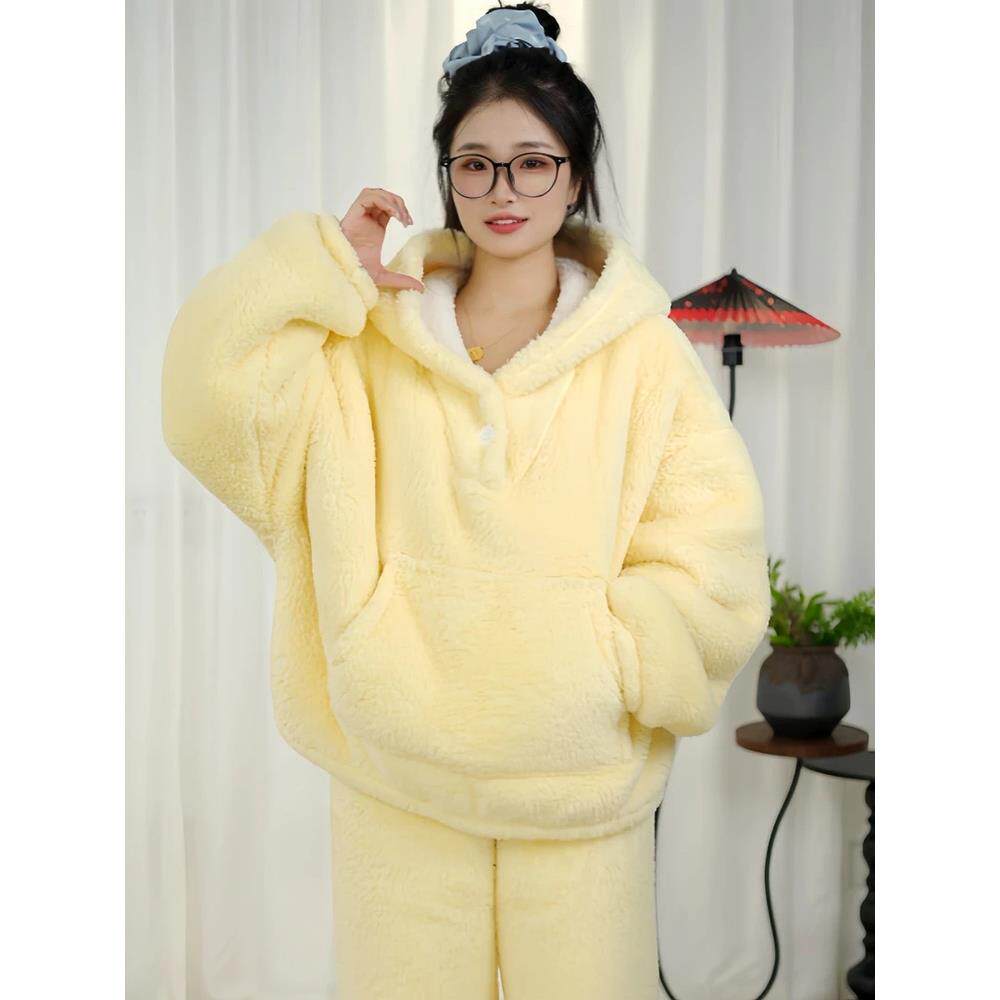 韩版奶油风连帽套头卫衣款睡衣女秋冬小个子可外穿加绒加厚家居服